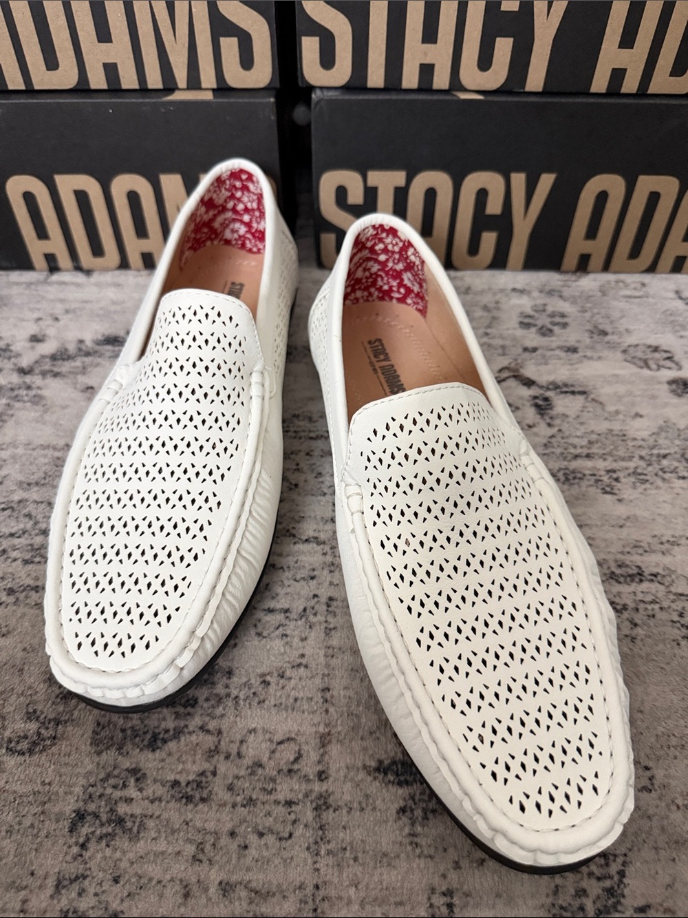 Stacy Adams White Perforated Leather Slip-On Loafers with Red Liner